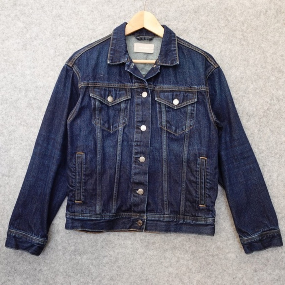 EVERLANE Denim Womens Dark Wash Trucker Jacket‎ SMALL Blue Jean Utility Classic